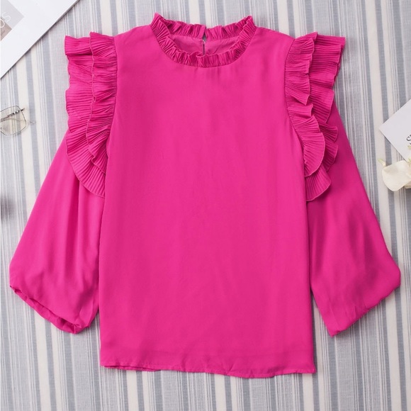 🔥🔥Rose Button Keyhole Back Pleated Ruffled Blouse - Picture 3 of 5